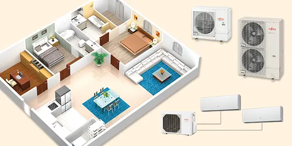 Graphic of a full home illustrating a multi-split heating and cooling system.