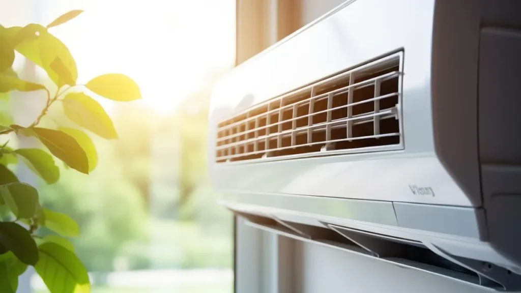 lose-up of a wall-mounted air conditioner unit.